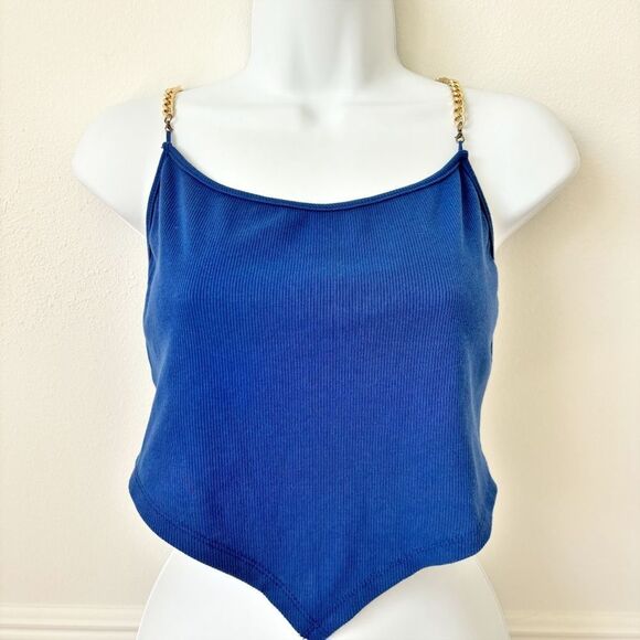 Women's Blue Gold Chain Straps Stretch Sleeveless Cropped Top Larg - Picture 2 of 7